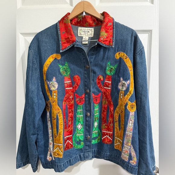 Tantrums Jackets & Blazers - Vintage Tantrums Cats Blue Red Artistic Embroidered Unique Jean Jacket